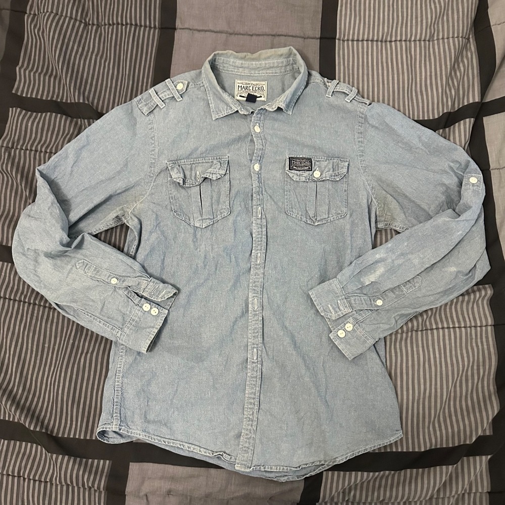 Ecko Unltd Men Shirt Size M Long Sleeve Button Up Blue Chambray 100% Cotton J382